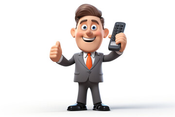 Businessman remote control character cartoon 3D illustration white background