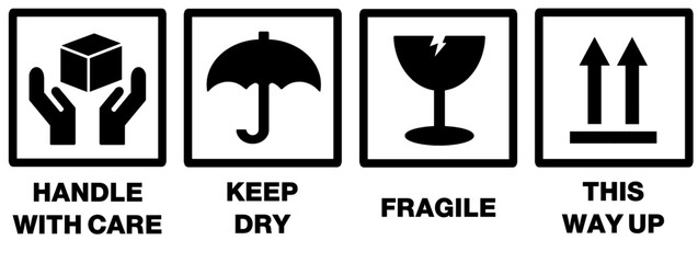 set of fragile package icons on transparent background. delivery shipping label. package, cargo warning, logistic and black icon. this way up, upwork, keep dry, handle with care icon with text