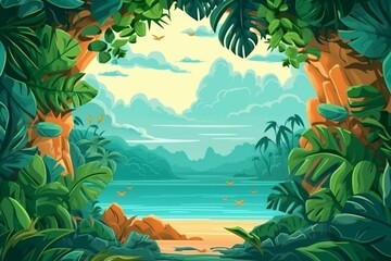 Green leaves framing view of tropical islands, summer vacation background illustration. Generative AI