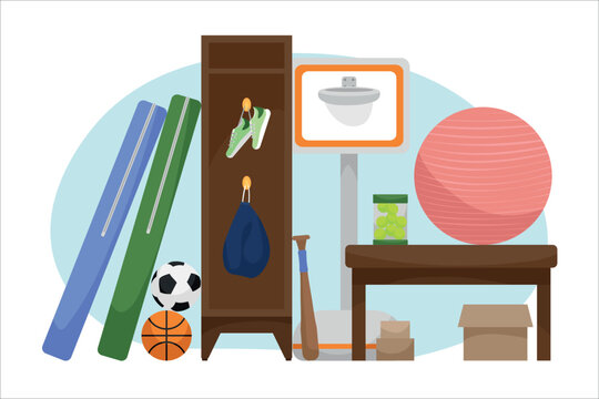 gym interior with sports equipment, cartoon style clip art preview