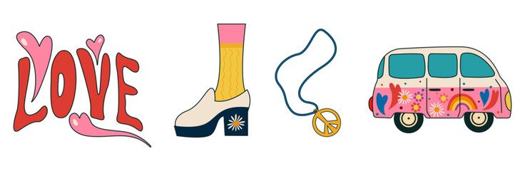 Group of hippie symbols on white background