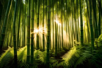 Sunlight filtering through a dense bamboo grove, casting a warm glow on the delicate ferns