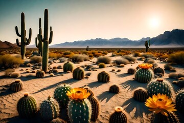 Surreal desert landscape with cacti and wildflowers