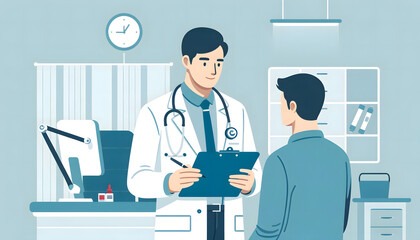 a stylized illustration of a patient consultation in a doctor's office, overall atmosphere is professional and clean, suggesting a healthcare environment.