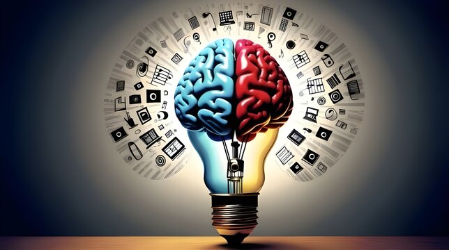 World Intellectual Property Day, April 26. Glowing Light bulb and logos of music, Inventions, industrial designs, computer codes, books, poems, films, photographs, online content with copy space