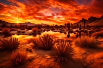 A fiery sunset over a desert oasis, intensifying the warm tones