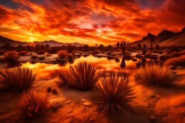 Papier Peint photo Rouge A fiery sunset over a desert oasis, intensifying the warm tones