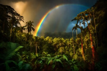 A surreal rainbow over a tropical rainforest