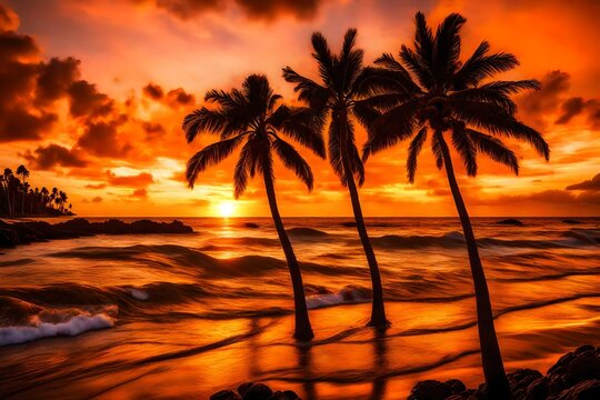 Intense orange sunset illuminating a seascape with palm trees, enhanced by the Perpetua filter. 