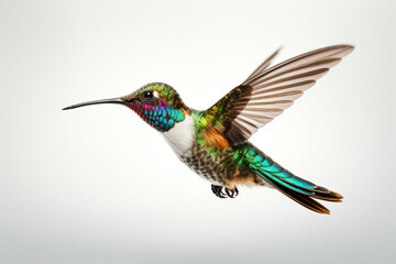 Obraz premium Colorful Hummingbird flying on a white background. Animal side portrait. 