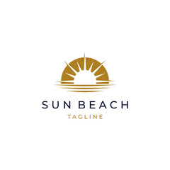 elegant hipster gold sun sunset sunrise with beach ocean sea water logo icon vector in trendy flat design for hotel