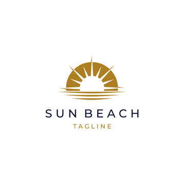 elegant hipster gold sun sunset sunrise with beach ocean sea water logo icon vector in trendy flat design for hotel
