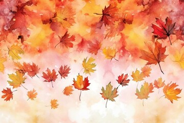 Naklejka na ściany i meble Autumnal backdrop with watercolor maple leaves forming a border and a horizontal banner of falling leaves, symbolizing Thanksgiving celebrations and harvest season. Generative AI