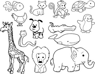 illustration of an animal group set outline art for coloring book on isolated white background