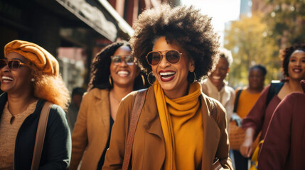 Multiracial group of friends walking down the city street. Mid age women walking outdoors on road having fun. - obrazy, fototapety, plakaty