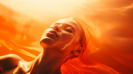 A woman lies with closed eyes, her hair and skin glowing in the intense, red-orange sunlight.
