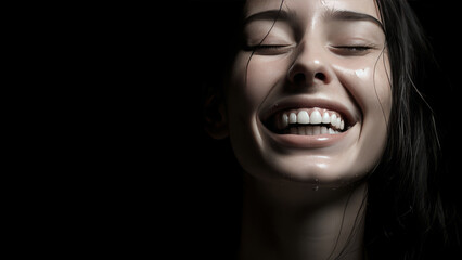 A radiant, smiling fashion model with closed eyes, her face brightly lit, showcasing her glowing, dewy skin.