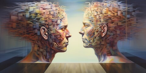 A surreal oil painting presents two people facing each other, embodying the concept of nonduality.