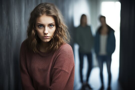 A young woman stands in front of a group, her serious expression portraying the portrait of a normal, yet prompt teenage girl.
