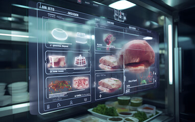 Smart cooking Appliance Integration showing holograms in futuristic kitchens as of AI technology illustrates Smart Kitchen Innovations of Food with Sensor in Automated Culinary Processes