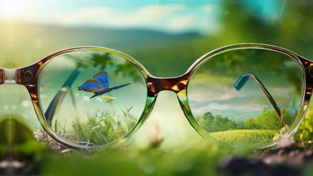 view of glasses with beautiful butterflies. animation video