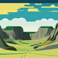 Hill landscape with Vector illustration background. Beautiful landscape vector illustration of mountains, forests, fields and meadows.