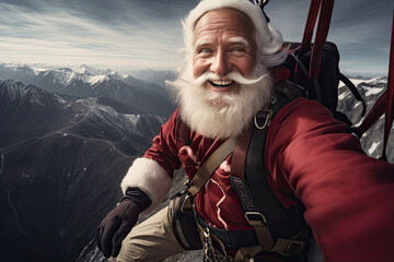 Fantasy art of Santa Claus skydiving, bungee jumping, parachute, paragliding, extreme sport, fly with gifts flying Father Christmas, Saint Nicholas, Saint Nick, Kris Kringle, fun adventure - obrazy, fototapety, plakaty