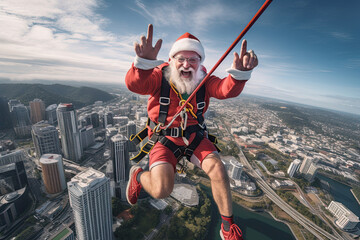 Fantasy art of Santa Claus skydiving, bungee jumping, parachute, paragliding, extreme sport, fly with gifts flying Father Christmas, Saint Nicholas, Saint Nick, Kris Kringle, fun adventure