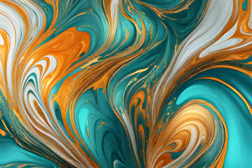 Luxurious marbling abstract background with waves, vibrant geometric patterns, artistic and contemporary on a minimalist background with blue, paint swirls in beautiful teal and orange colors HD - obrazy, fototapety, plakaty