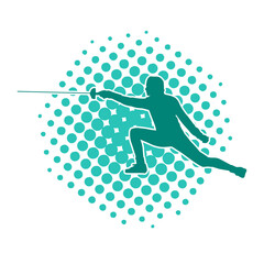 Silhouette of a female fencing sport athlete on halftone dots background.