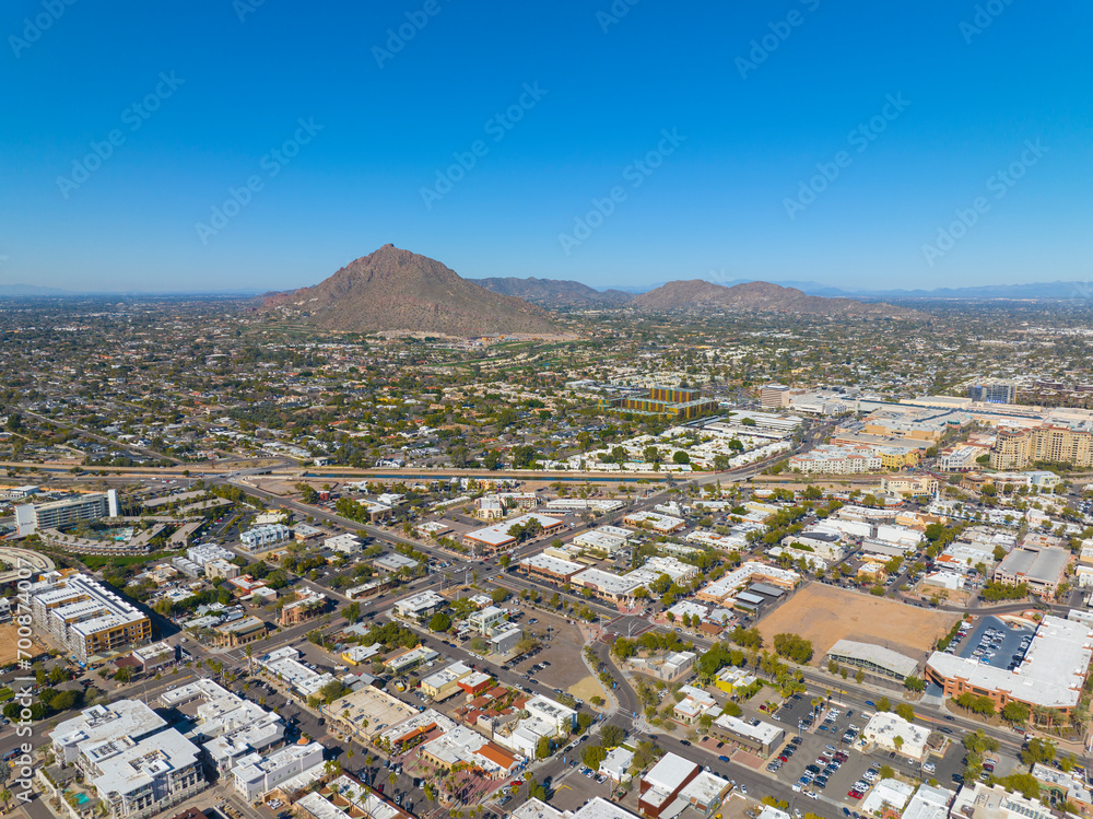 Canvas Prints scottsdale city center aerial view on scottsdale road at main street with camelback mountain at the 