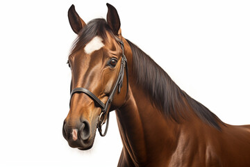 Thoroughbred horse close-up portrait on a white background.