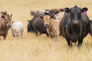 Close up of Stud Beef bulls and cows grazing on grass in a field, in Australia. eating hay and...