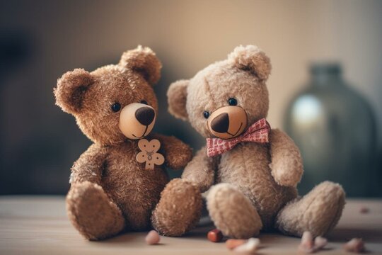 Watercolor image of two dressed-up teddy bears holding a heart. Generative AI