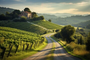 A road leading to a remote vineyard in the rolling hills - obrazy, fototapety, plakaty