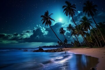 Fototapeta na wymiar Tropical night beach with starry sky, palm trees, and ocean. Perfect for vacations. Generative AI