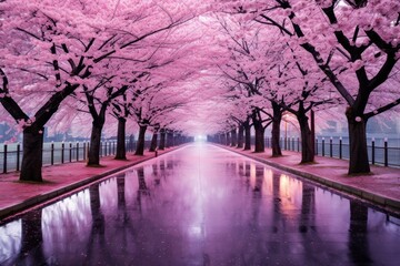 A road lined with cherry blossom trees in Japan, a symbol of renewal