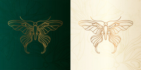 Art nouveau style butterfly basic element. 1920-1930 years vintage design. Symbol motif Emerald green design.