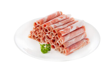 a dish of raw cut mutton roll on white background.