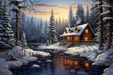 Snowy cabin clip art nestled in a peaceful forest