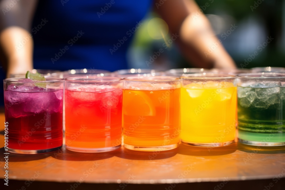 Poster a close up of a mixologist creatively layering various fruit juices and rum to create an appealing v