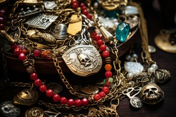 A close up of a pirate's necklace adorned with various trinkets and charms collected from their adventures