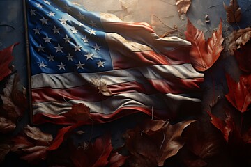 A Patriot Day memorial with a backdrop of an unfurled American flag and fluttering leaves - obrazy, fototapety, plakaty