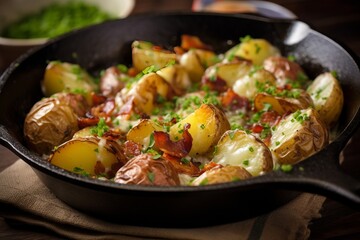A skillet of bacon and onion stuffed breakfast potatoes