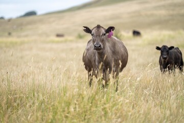 wagyu and angus cattle are Agricultural free range livestock on a farm. Cows grazing on free range green pasture and native grasses. Fat cow in a field on a farm in Australia