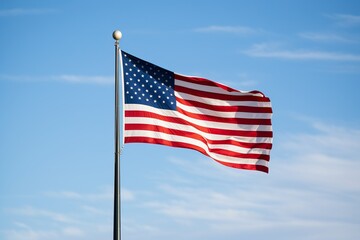 Obraz premium American flag flying at half mast against a clear blue sky on Patriot Day