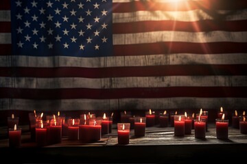 An American flag gently draped over a row of memorial candles with a backdrop of serenity on Patriot Day