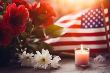 An American flag displayed next to a row of flowers and candles in a serene Patriot Day scene