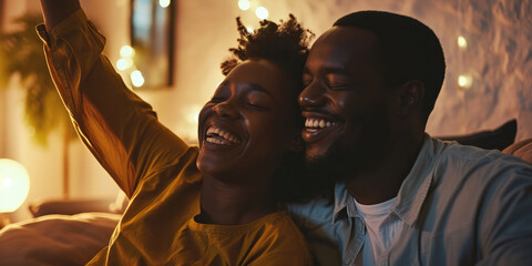Close up African American couple young woman and man happy at home, Active relationship sharing romantic moment while enjoying their anniversary