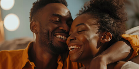 Close up African American couple young woman and man kissing at home, Active relationship sharing romantic moment while enjoying their anniversary - obrazy, fototapety, plakaty